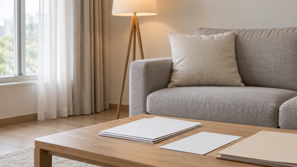 햇살이 드는 거실의 소파와 쿠션, 플로어 스탠드