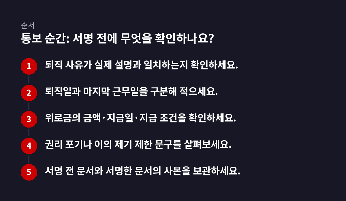 5단계 순서 도식: 통보 순간: 서명 전에 무엇을 확인하나요?