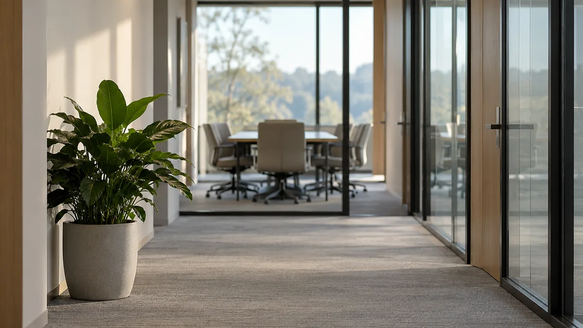 An empty, quiet office corridor with a potted plant