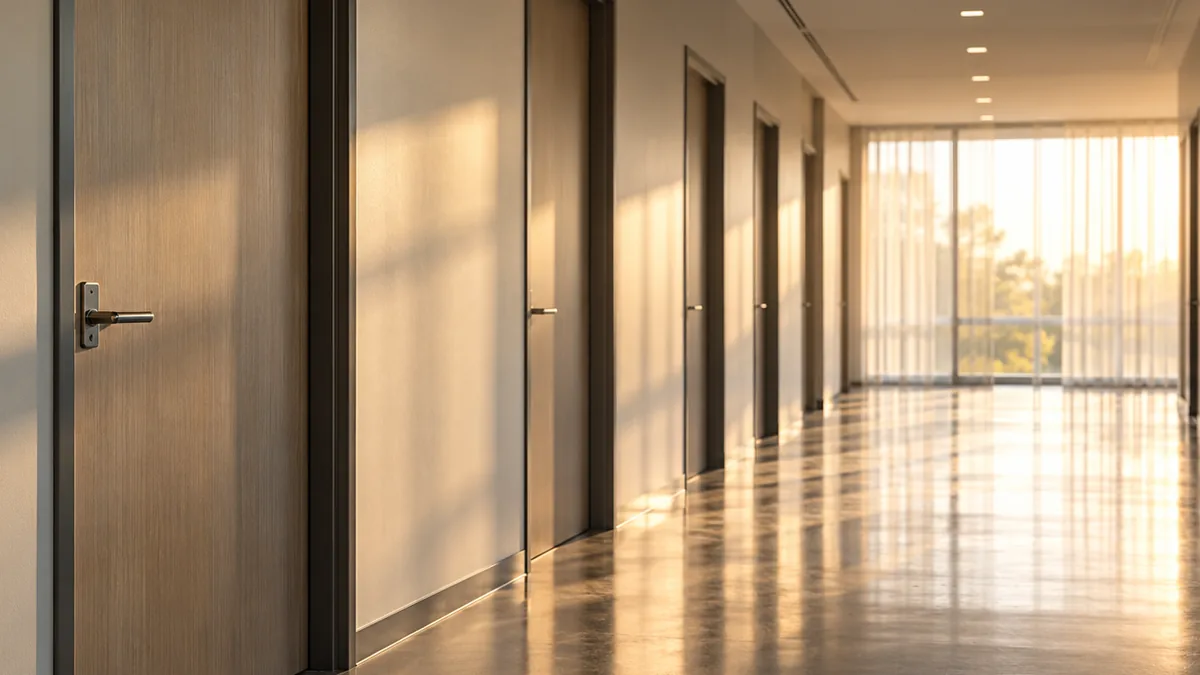 A long, bright office corridor lined with closed plain doors