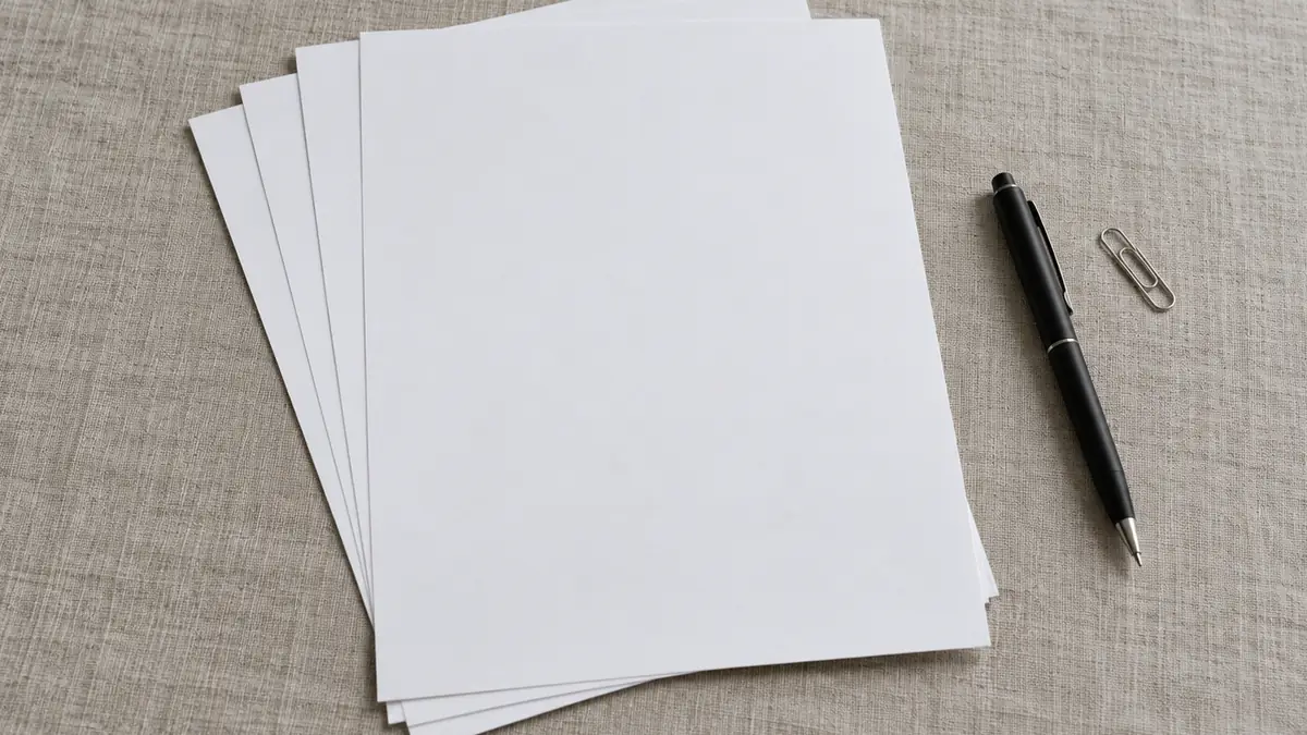 Blank sheets of paper, a black pen and a paper clip seen from above