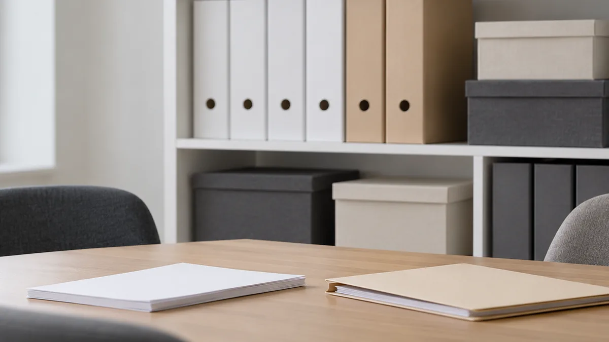 Plain document folders and storage boxes neatly arranged on a white shelf