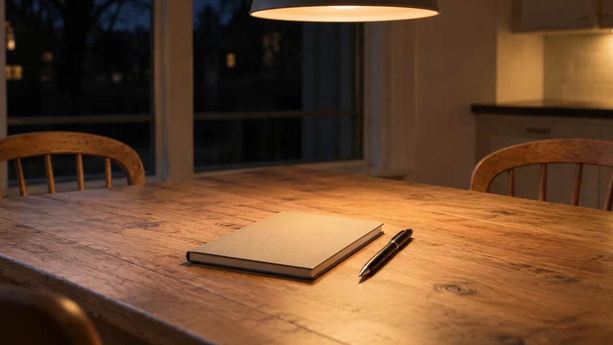 A closed notebook and a pen on a kitchen table under a pendant lamp at night