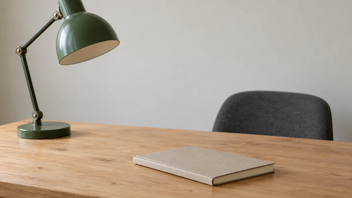 A green desk lamp and a closed notebook on a plain wooden table