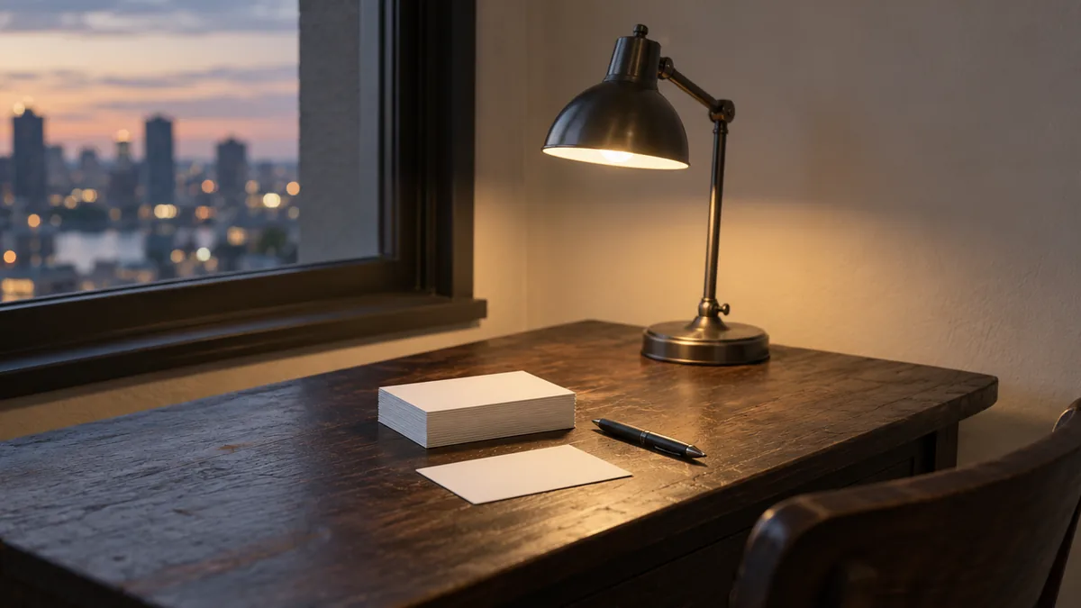 A desk lamp and a stack of blank index cards on a desk at dusk
