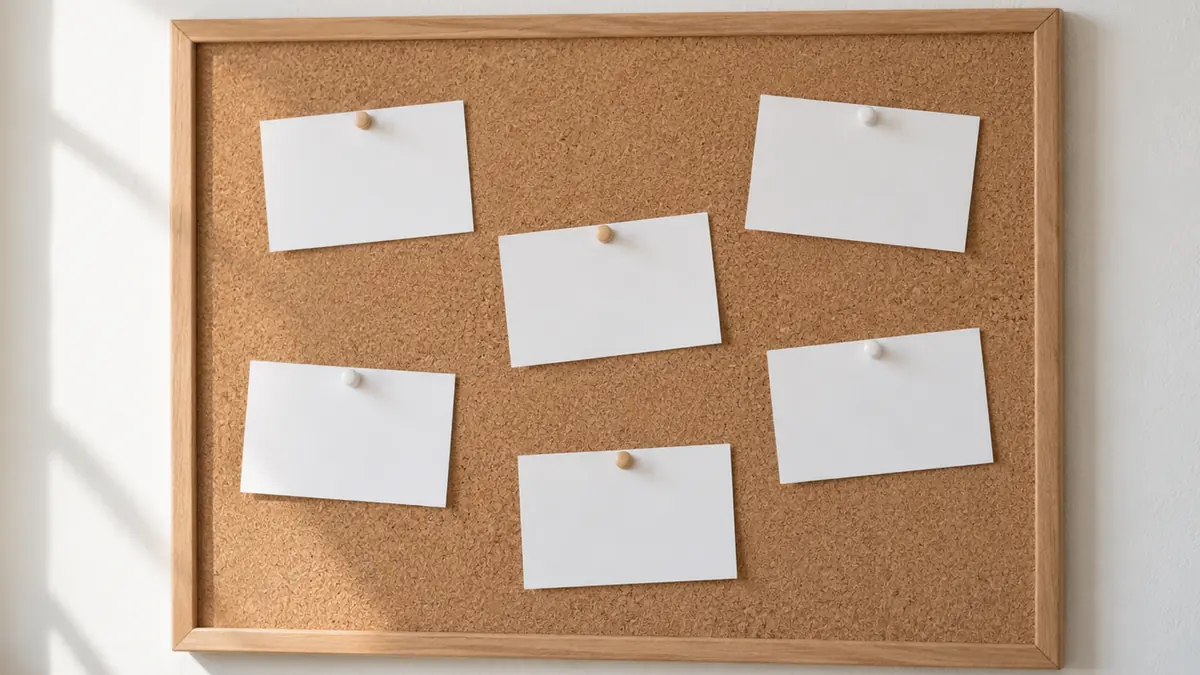 Blank index cards pinned to a cork board on a white wall