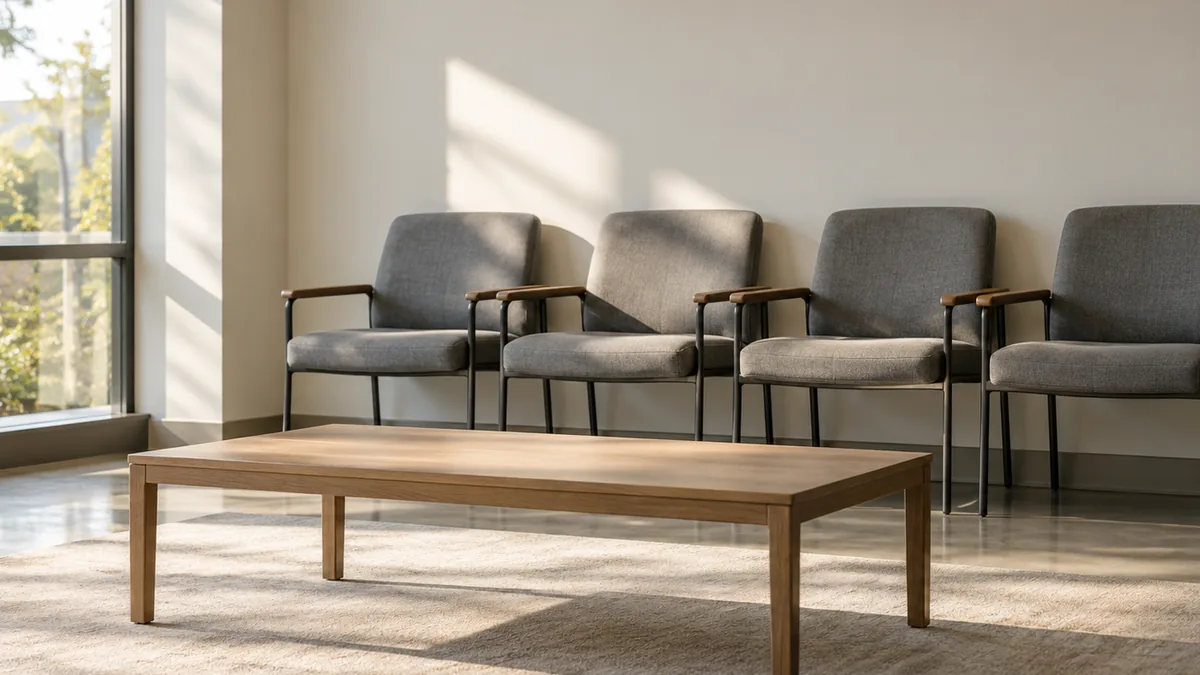 A row of empty chairs and a low table in a bright waiting area