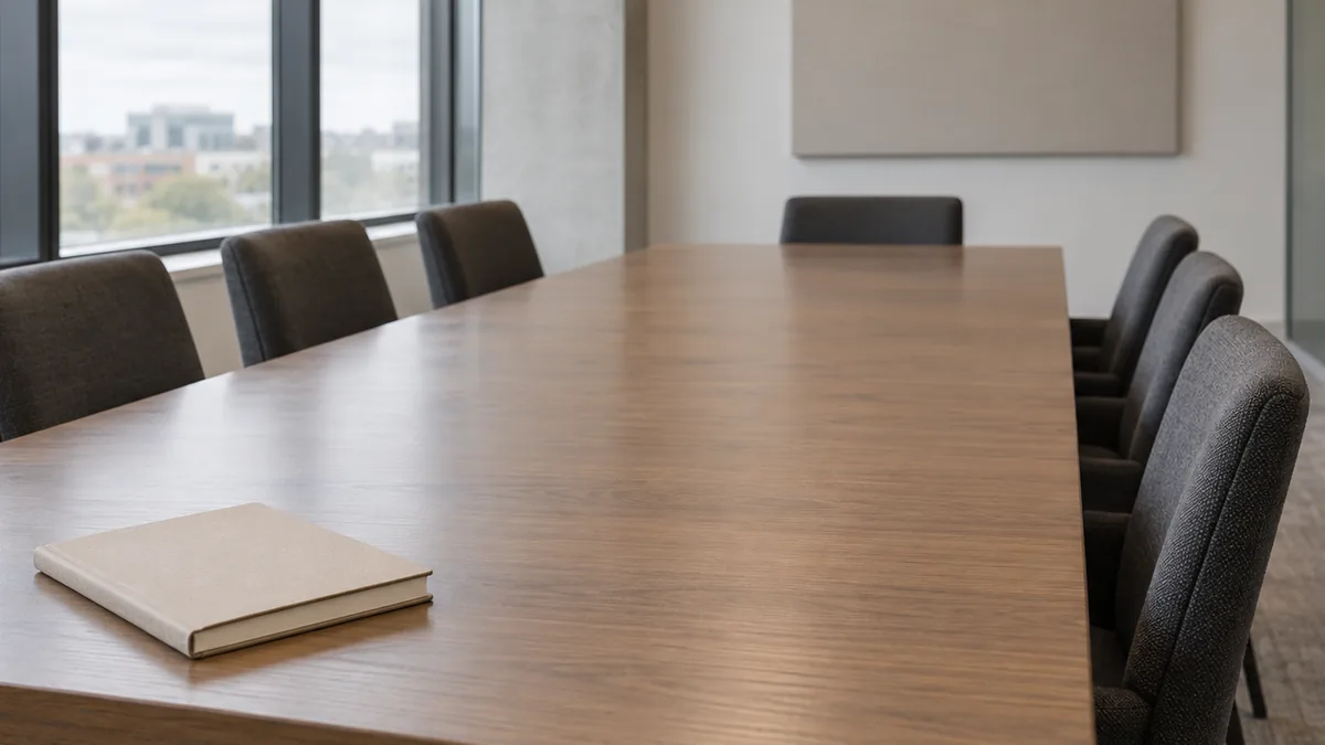 A long meeting table with neatly pushed-in chairs and a closed notebook