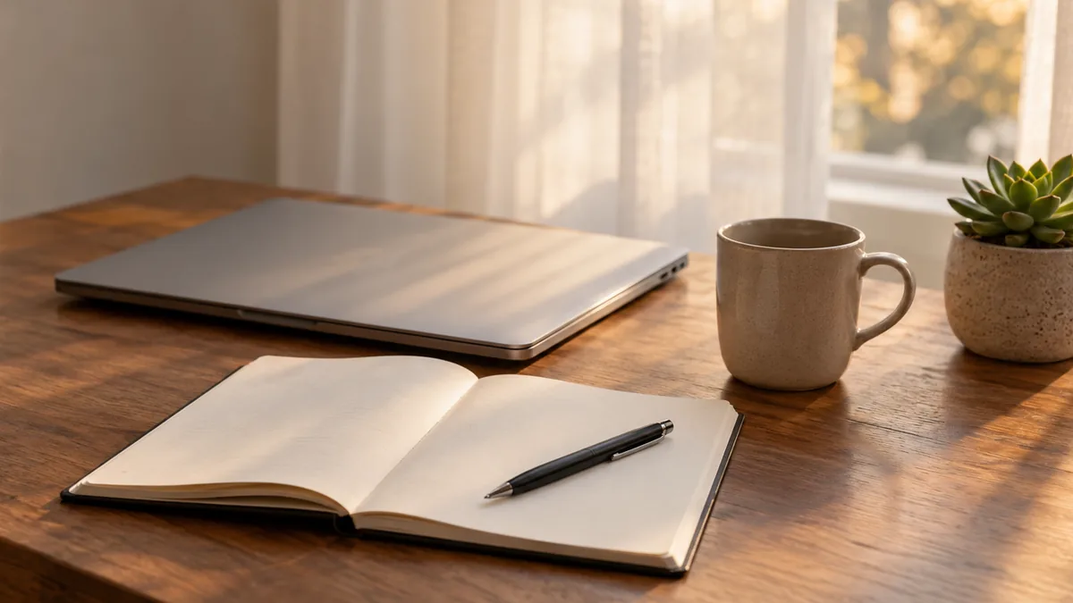 A closed laptop, a ceramic mug and a small succulent on a desk