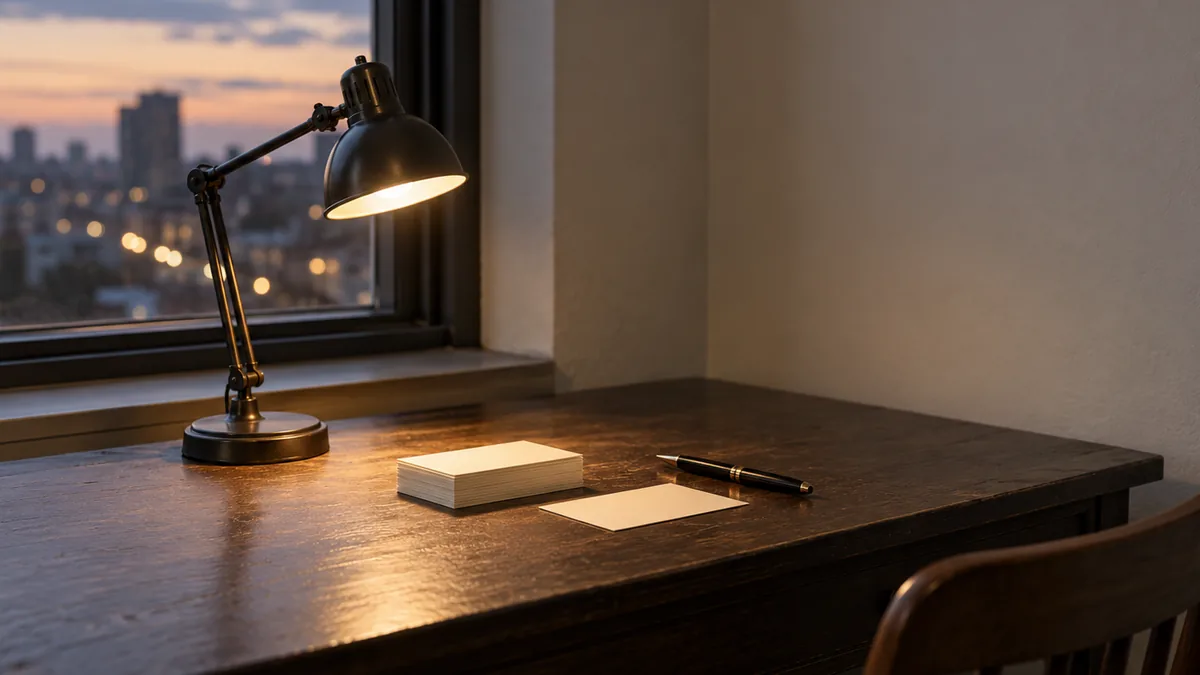 A desk lamp and a stack of blank index cards on a desk at dusk