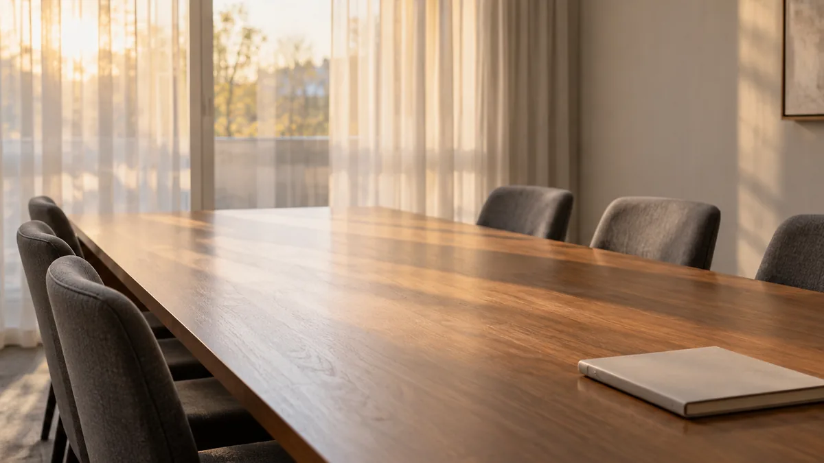 A long meeting table with neatly pushed-in chairs and a closed notebook