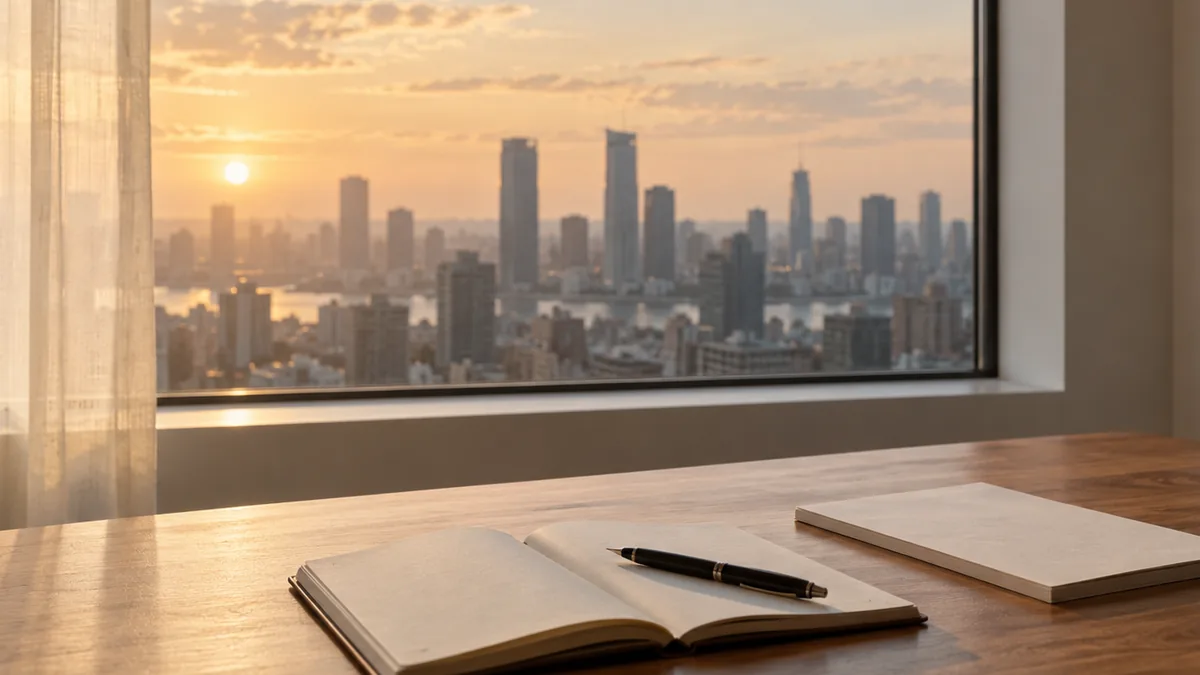 A large window overlooking a city skyline at dawn, with a sheer curtain