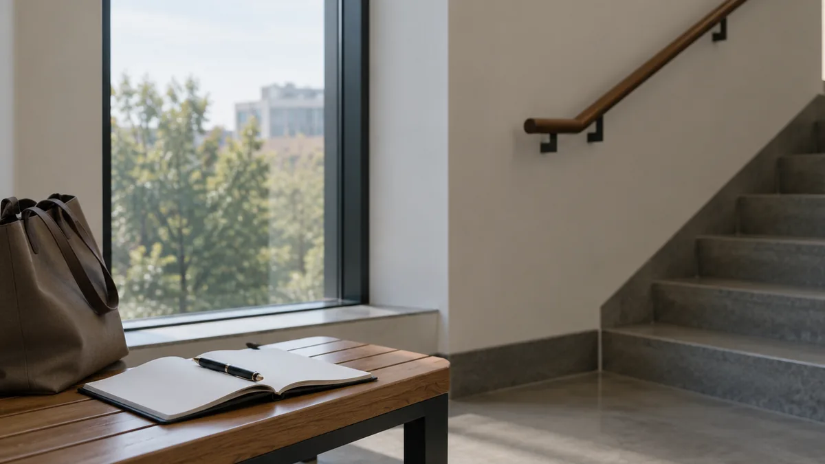 A quiet stairwell landing with a tall window and a handrail