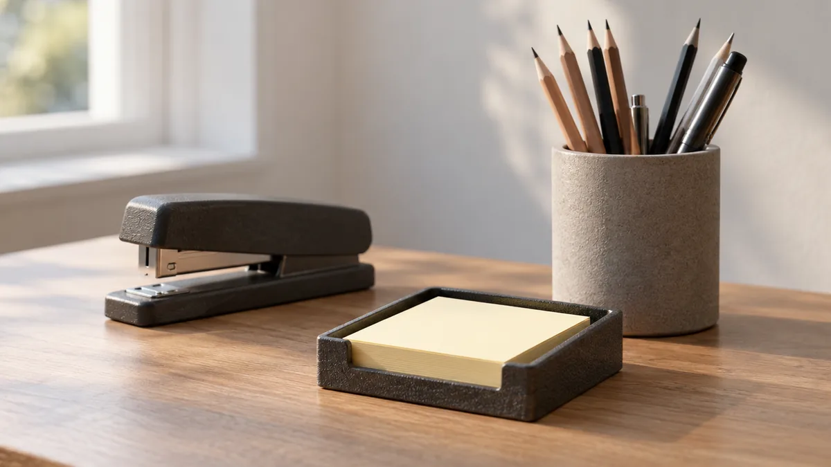 Blank sticky notes, a pencil cup and a stapler on a desk