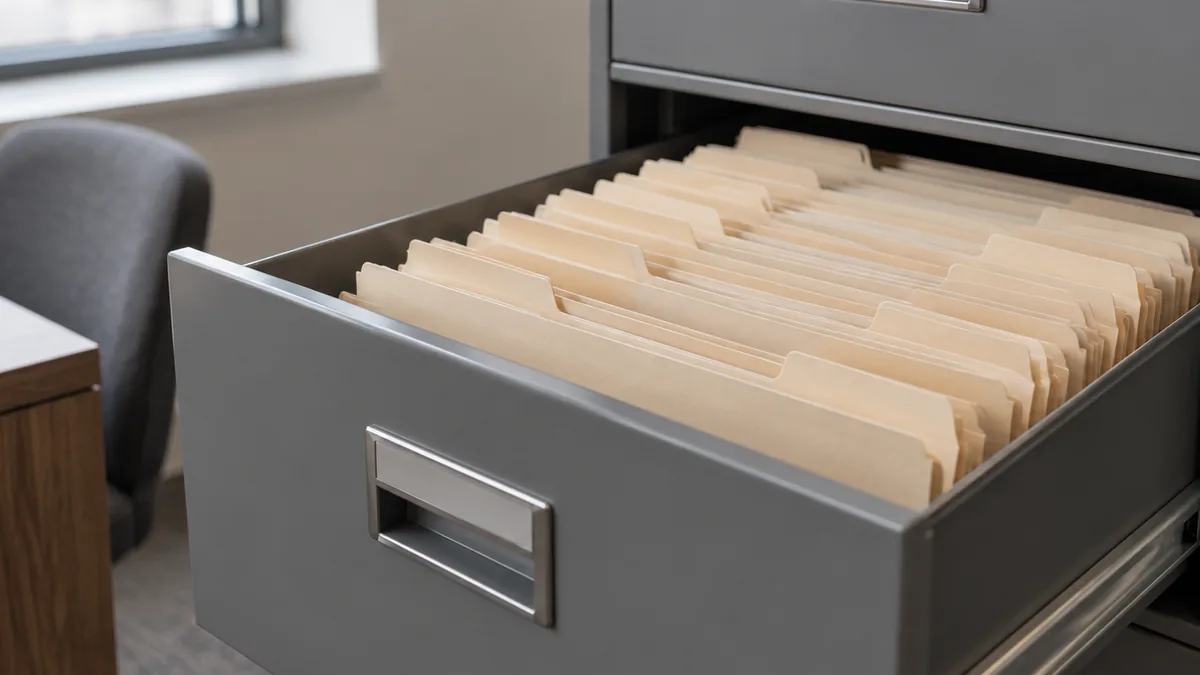 Plain folders neatly arranged in an open filing cabinet drawer