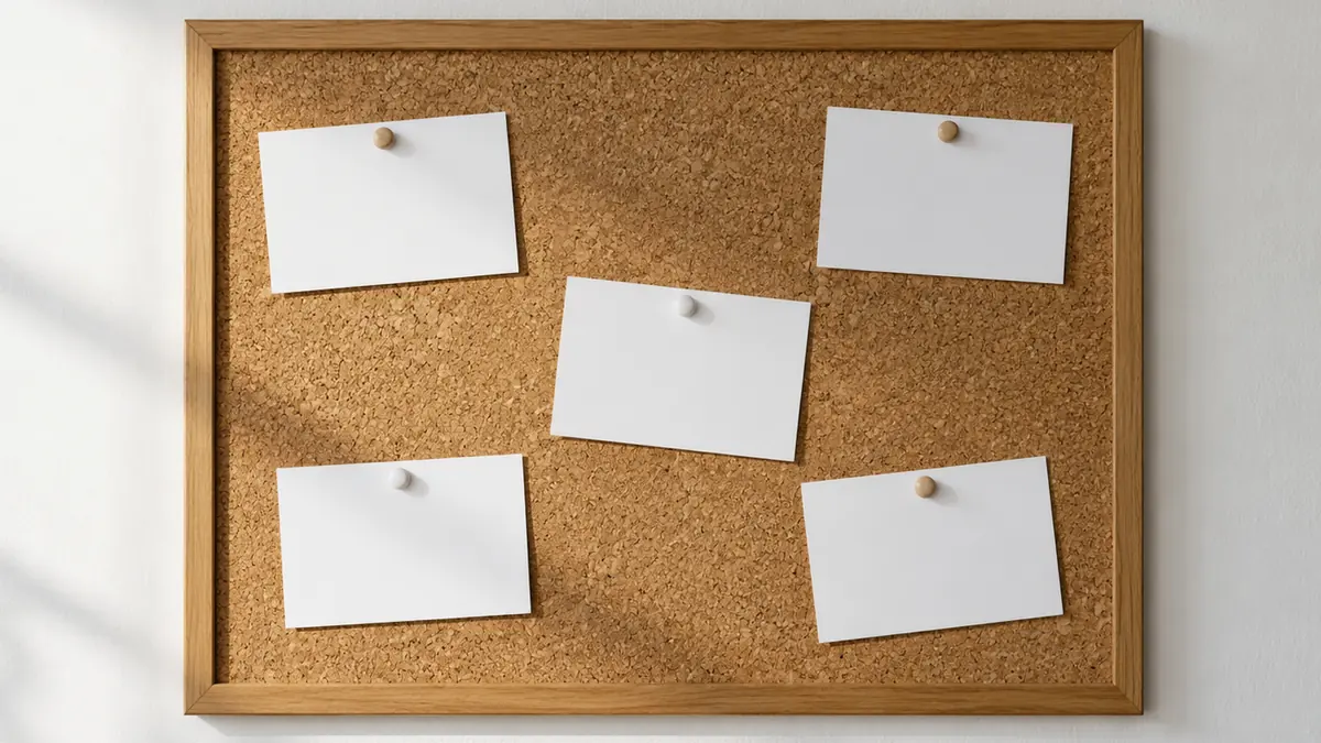 Blank index cards pinned to a cork board on a white wall