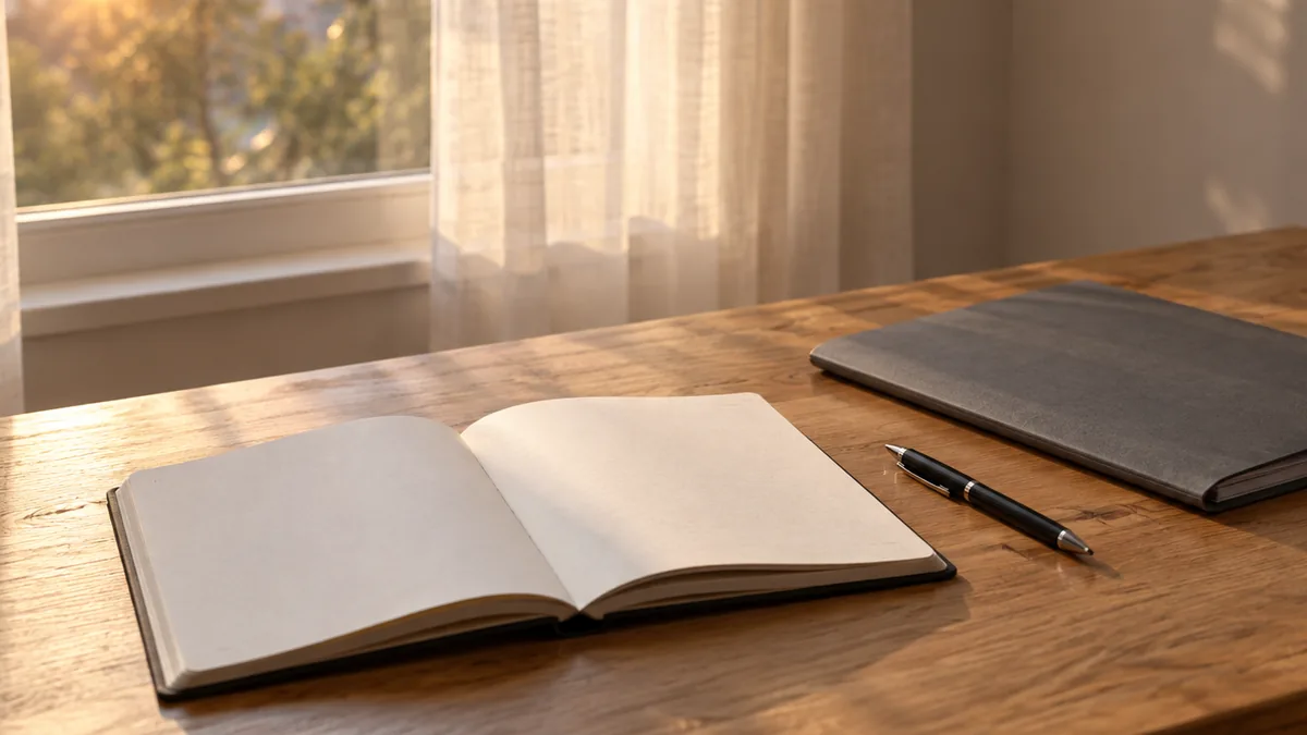 An open blank notebook, a pen and a closed document folder on a desk by a window