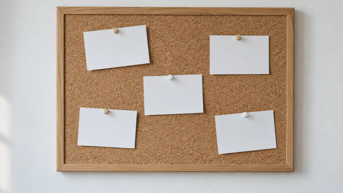 Blank index cards pinned to a cork board on a white wall