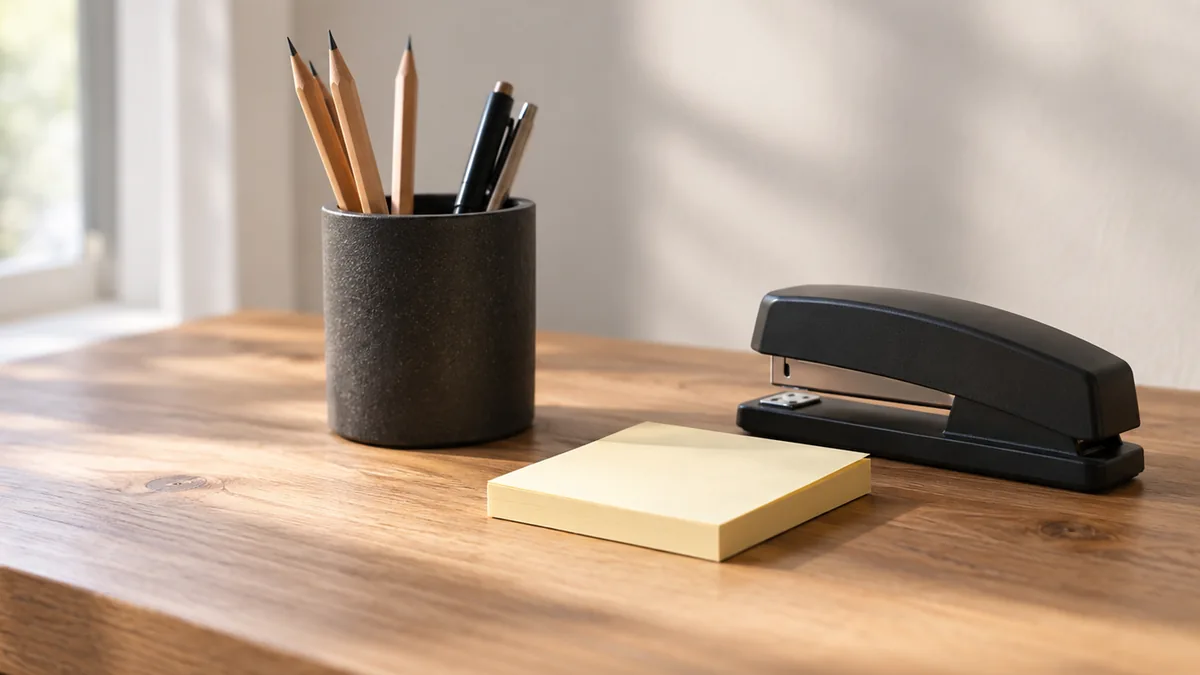 Blank sticky notes, a pencil cup and a stapler on a desk