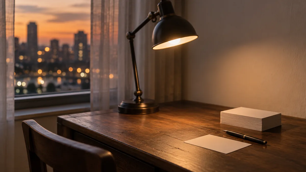 A desk lamp and a stack of blank index cards on a desk at dusk