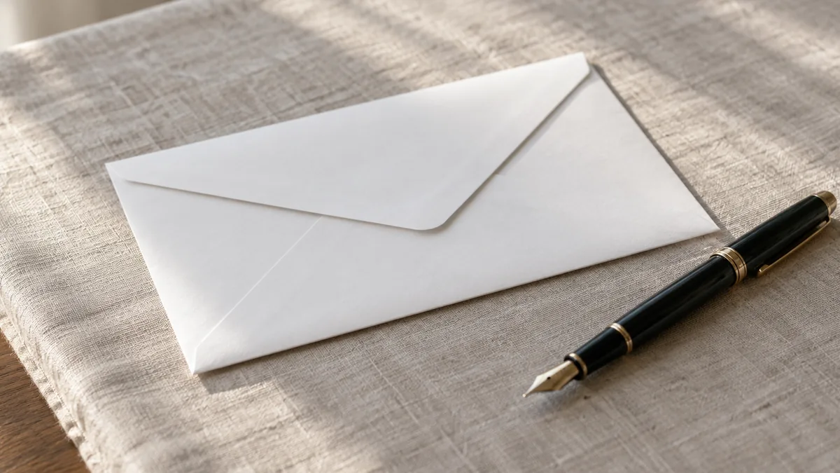 A white envelope and a fountain pen on a linen tablecloth
