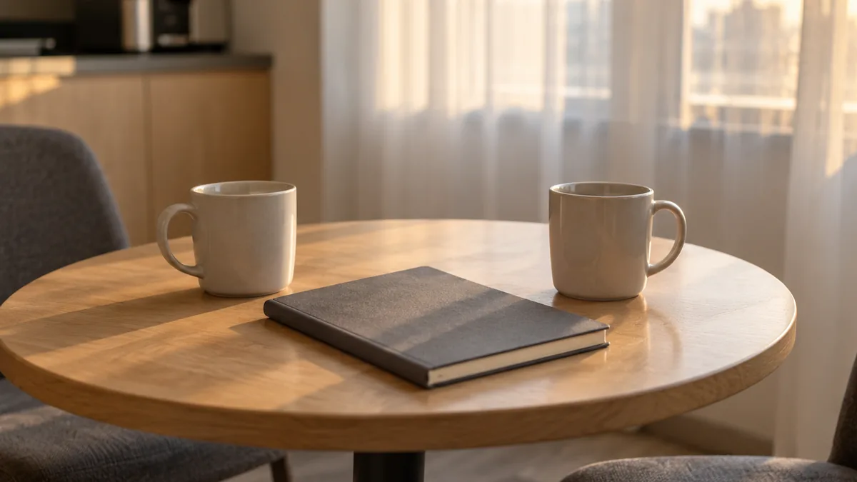 Two mugs and a closed notebook on a small round table in a bright break room