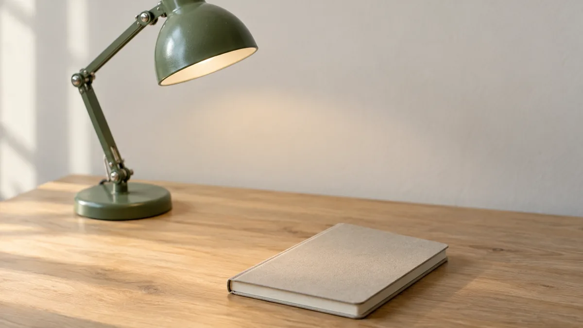 A green desk lamp and a closed notebook on a plain wooden table
