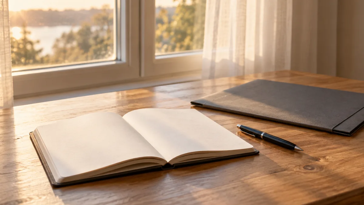 An open blank notebook, a pen and a closed document folder on a desk by a window