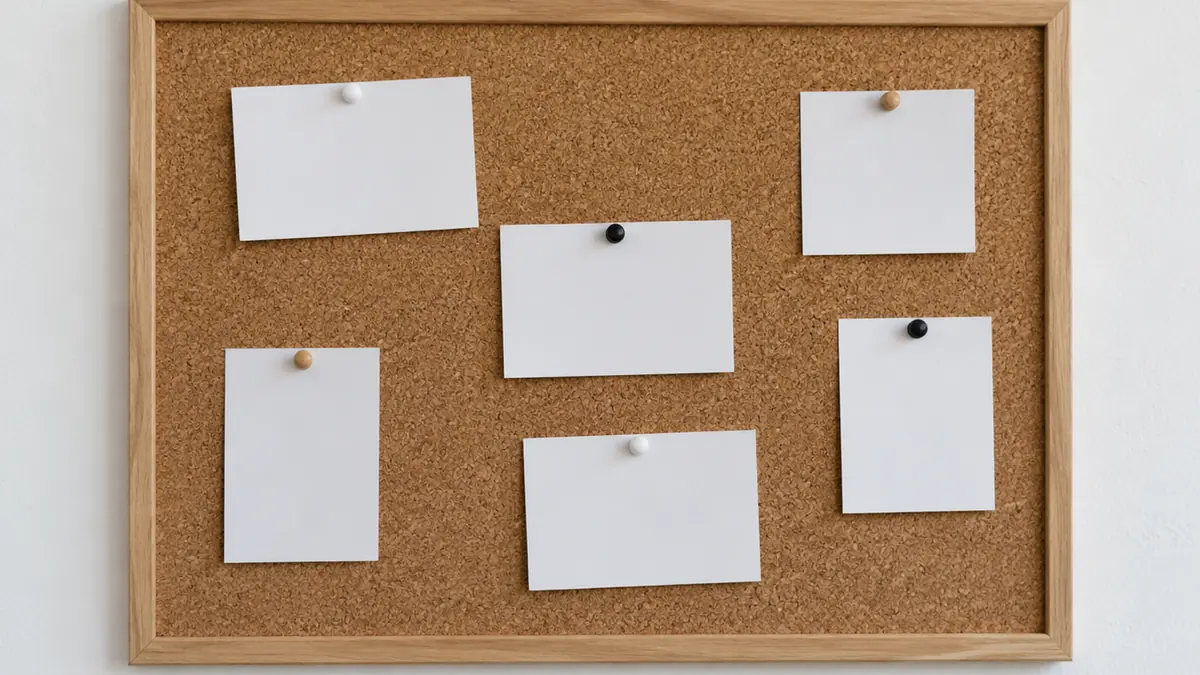 Blank index cards pinned to a cork board on a white wall