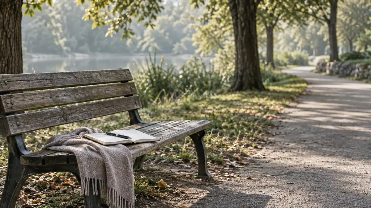 An empty wooden bench on a quiet park path in morning light