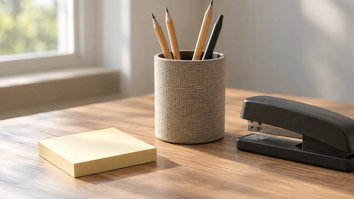 Blank sticky notes, a pencil cup and a stapler on a desk