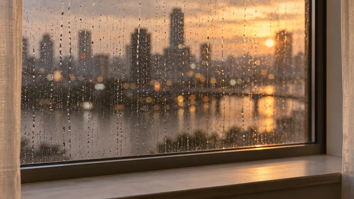 Raindrops on a window pane with blurred city lights behind