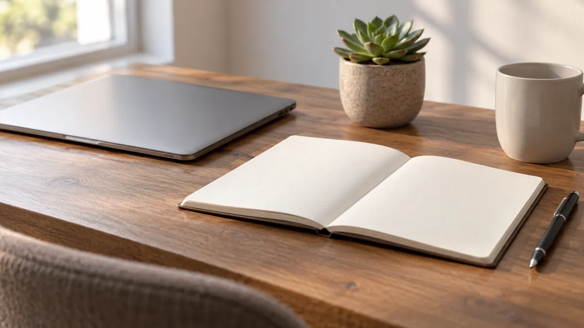 A closed laptop, a ceramic mug and a small succulent on a desk