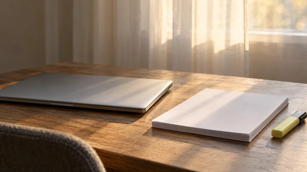 A closed laptop next to a stack of blank paper and a highlighter