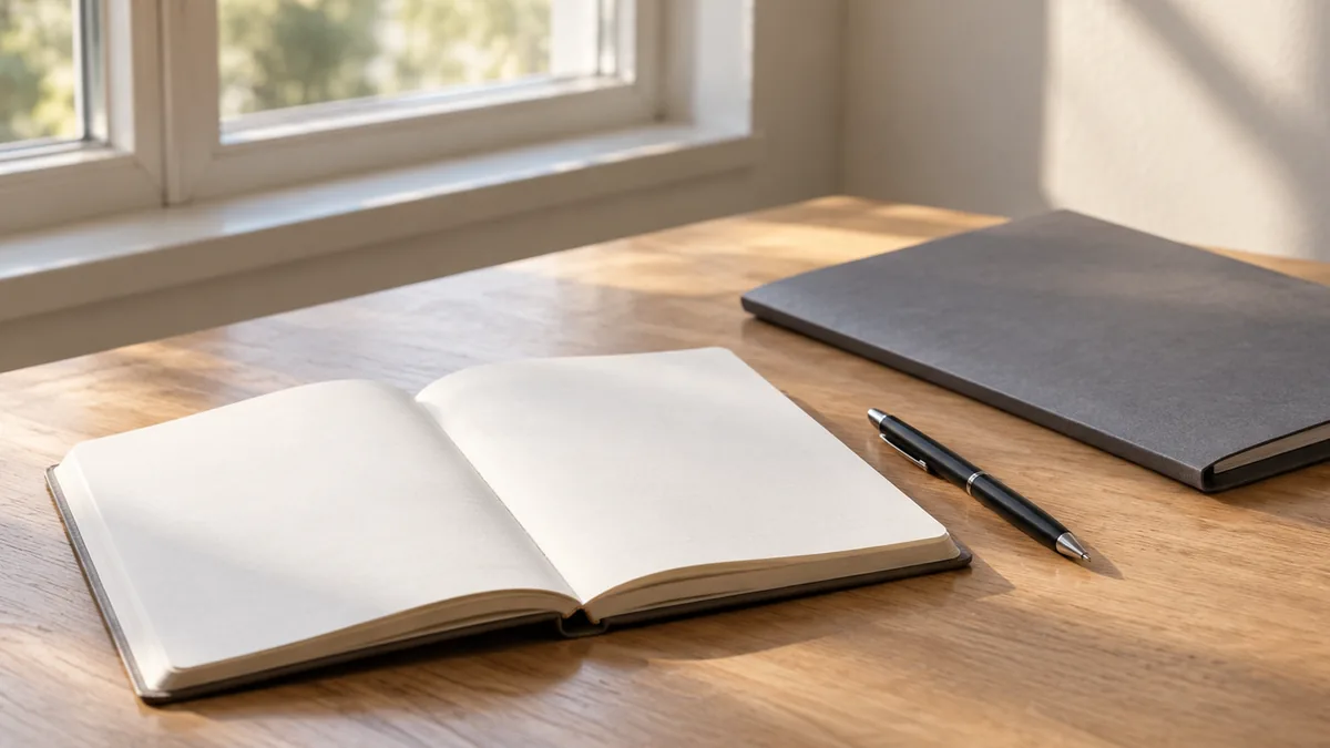 An open blank notebook, a pen and a closed document folder on a desk by a window