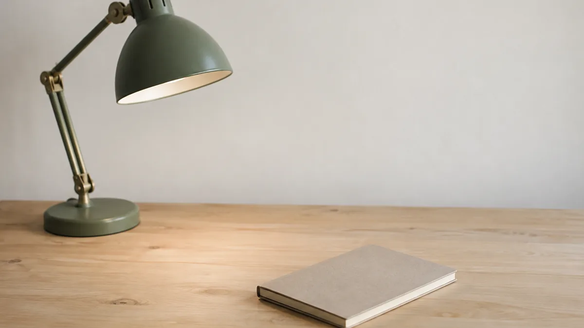 A green desk lamp and a closed notebook on a plain wooden table