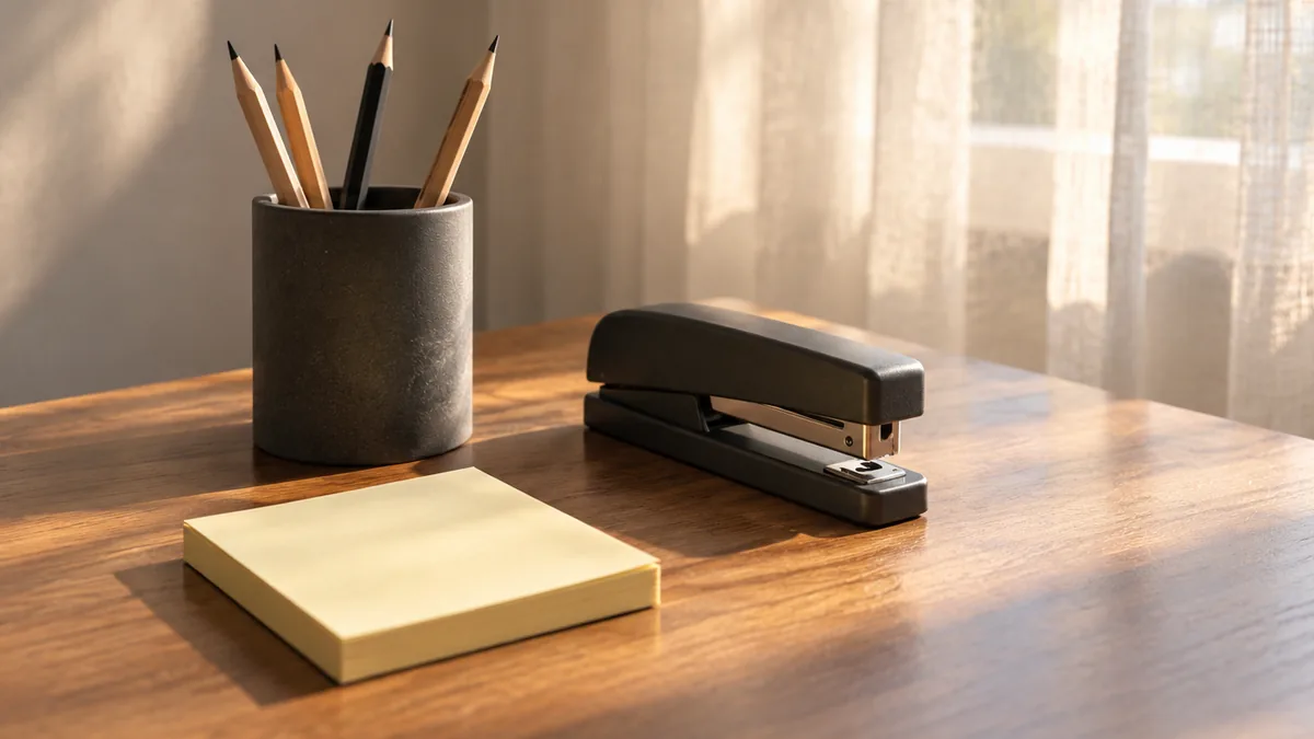 Blank sticky notes, a pencil cup and a stapler on a desk