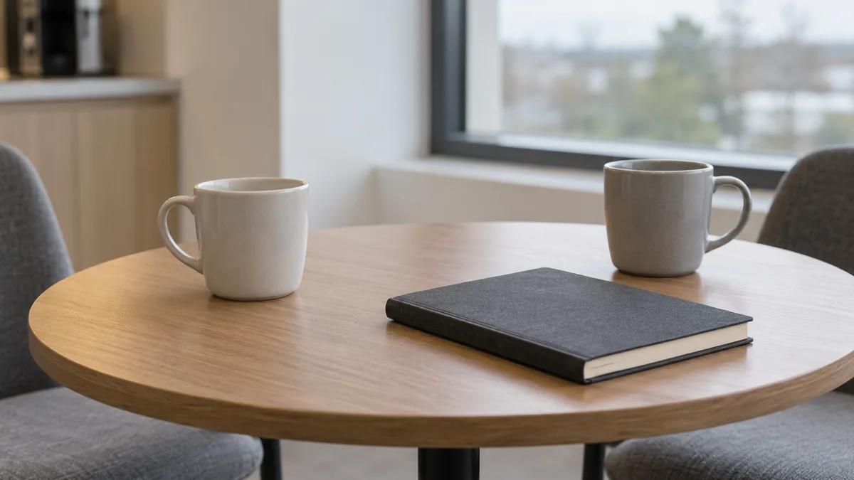 Two mugs and a closed notebook on a small round table in a bright break room