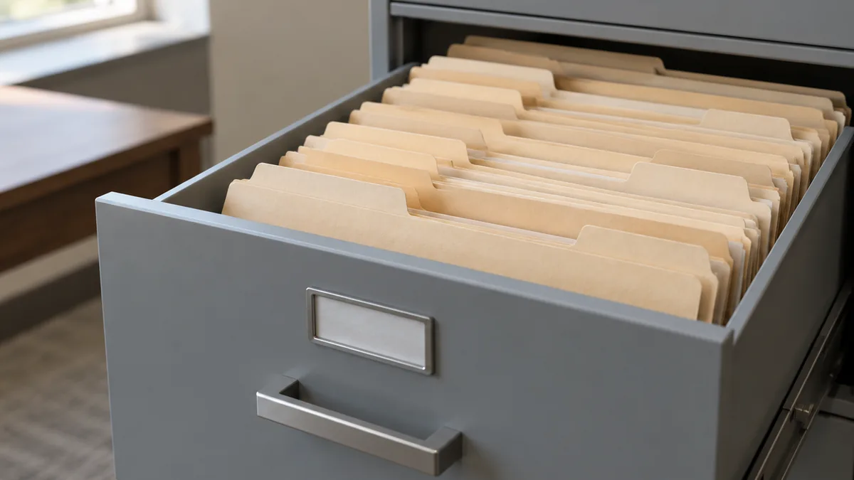 Plain folders neatly arranged in an open filing cabinet drawer