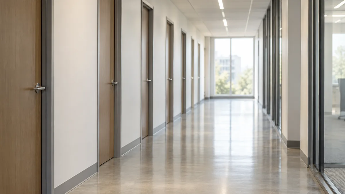 A long, bright office corridor lined with closed plain doors