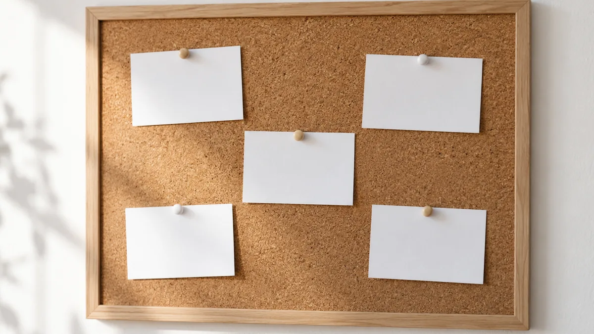 Blank index cards pinned to a cork board on a white wall