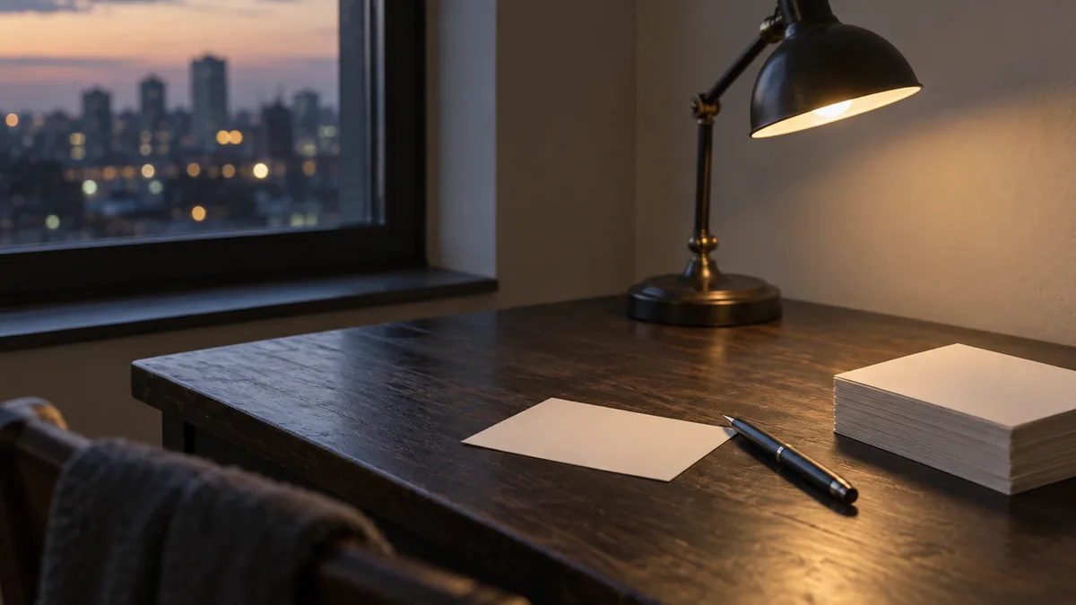 A desk lamp and a stack of blank index cards on a desk at dusk