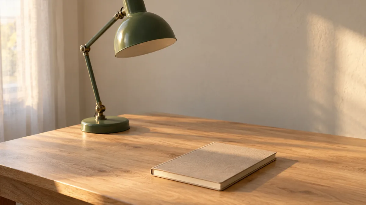 A green desk lamp and a closed notebook on a plain wooden table