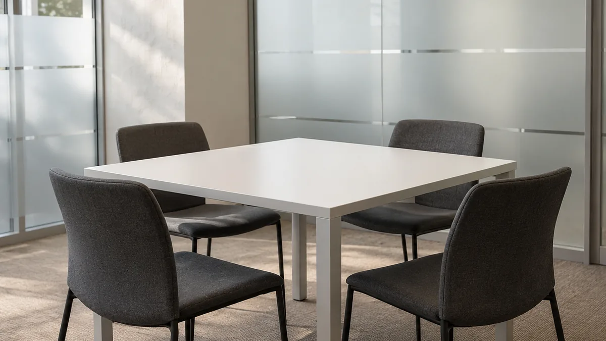 An empty square table and four chairs in a small meeting room with frosted glass walls