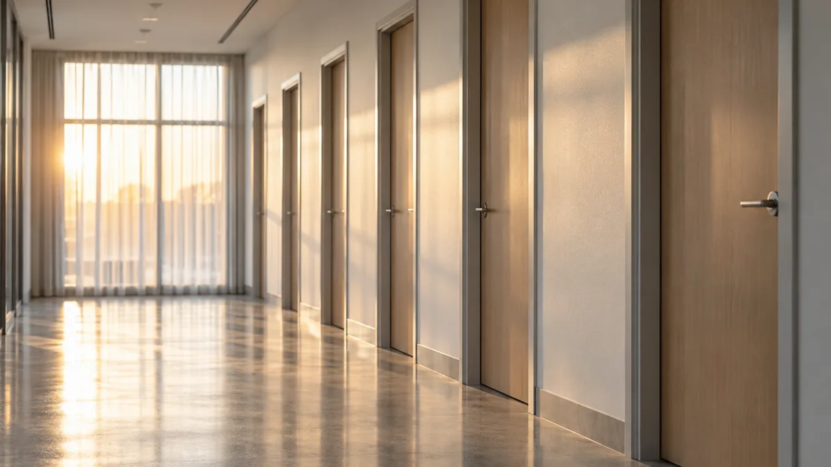 A long, bright office corridor lined with closed plain doors
