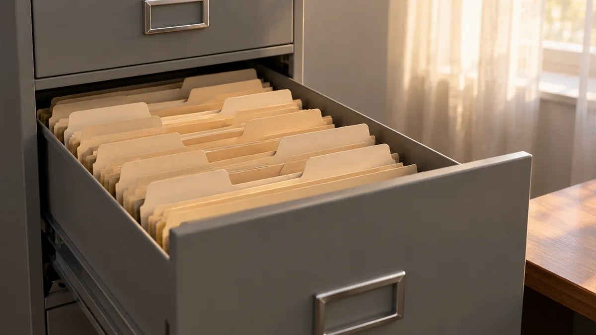Plain folders neatly arranged in an open filing cabinet drawer