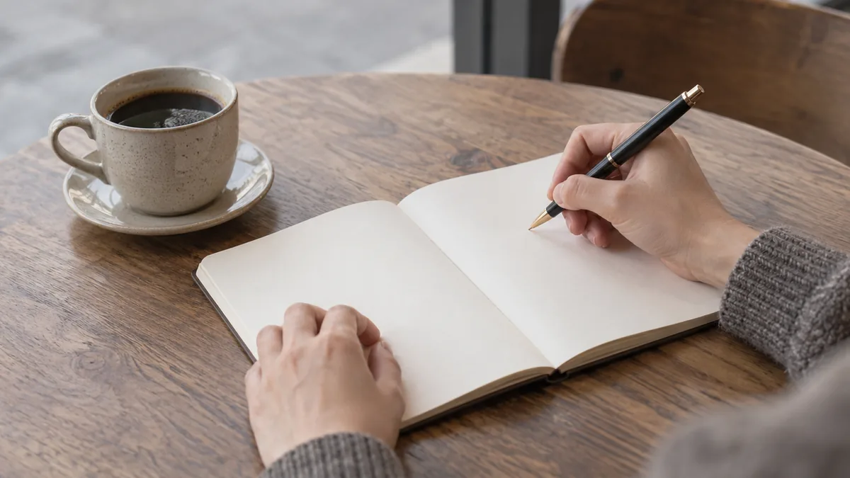 カフェのテーブルで白紙のノートにメモを書く手